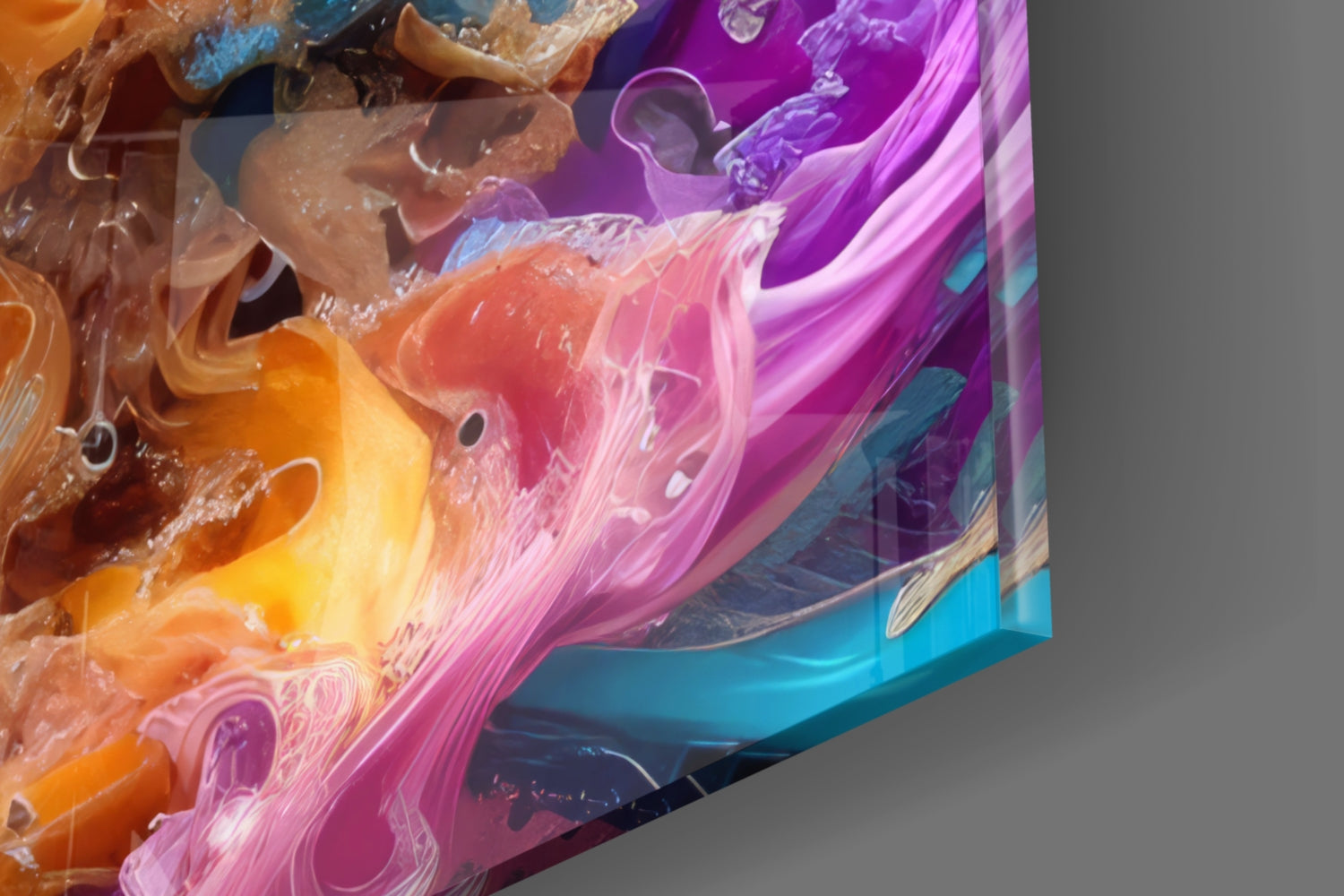 Close-up angled view of colorful glass wall art featuring swirling orange, pink, purple, and blue fluid patterns with translucent layers.