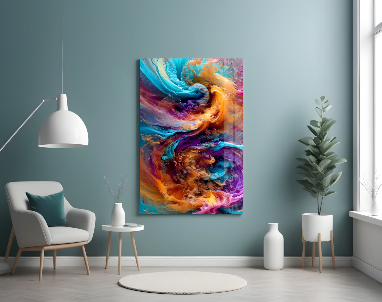 Colorful abstract glass wall art displaying swirling blue, orange, purple, and pink patterns displayed in a modern living room setting.