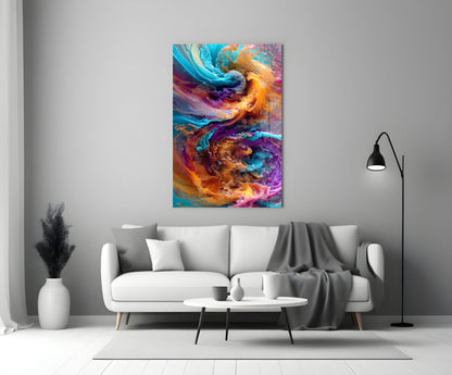 Vibrant multicolored glass wall art with swirling blue, orange, and purple patterns displayed above a white sofa in a modern living room.