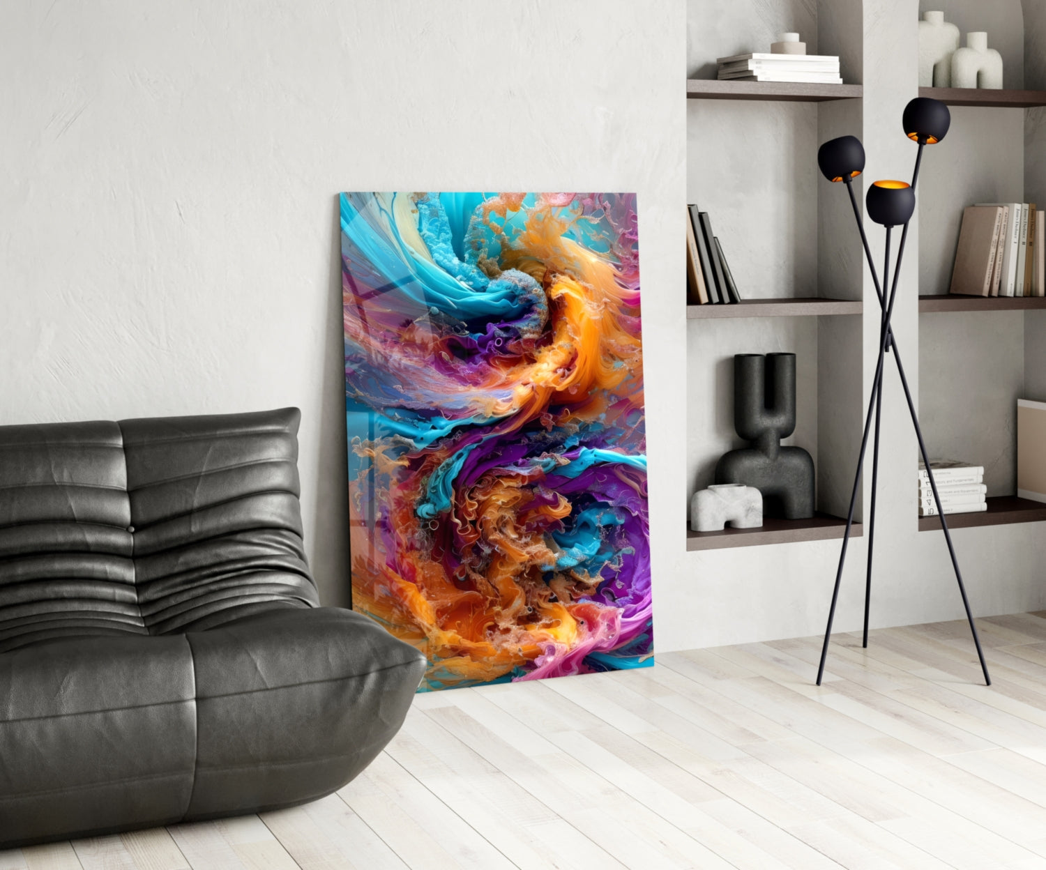 Vibrant abstract glass art panel with swirling blue, orange, purple, and pink colors displayed in a modern living room setting.