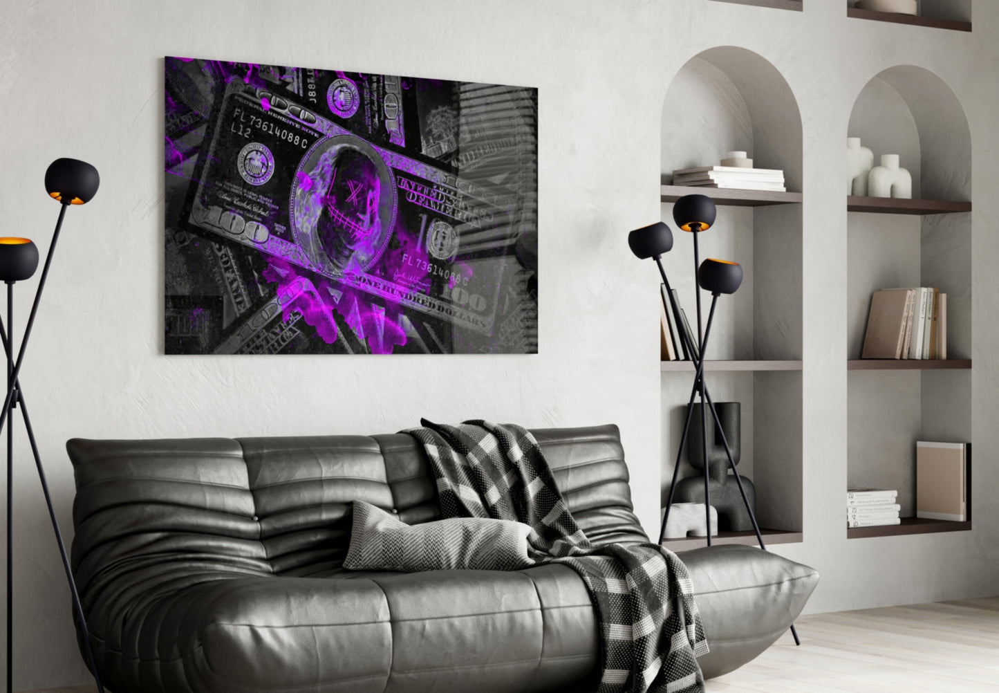 Purple neon dollar bills and coins glass wall art displayed above black leather sofa in modern living room.