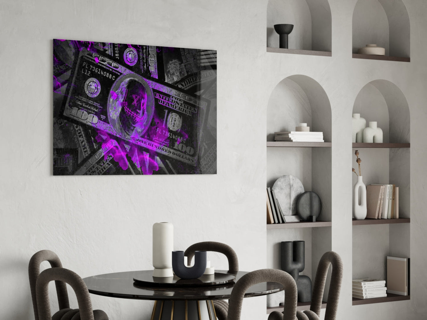 Purple neon-lit dollar bill glass wall art displayed above a black dining table in a modern interior setting.