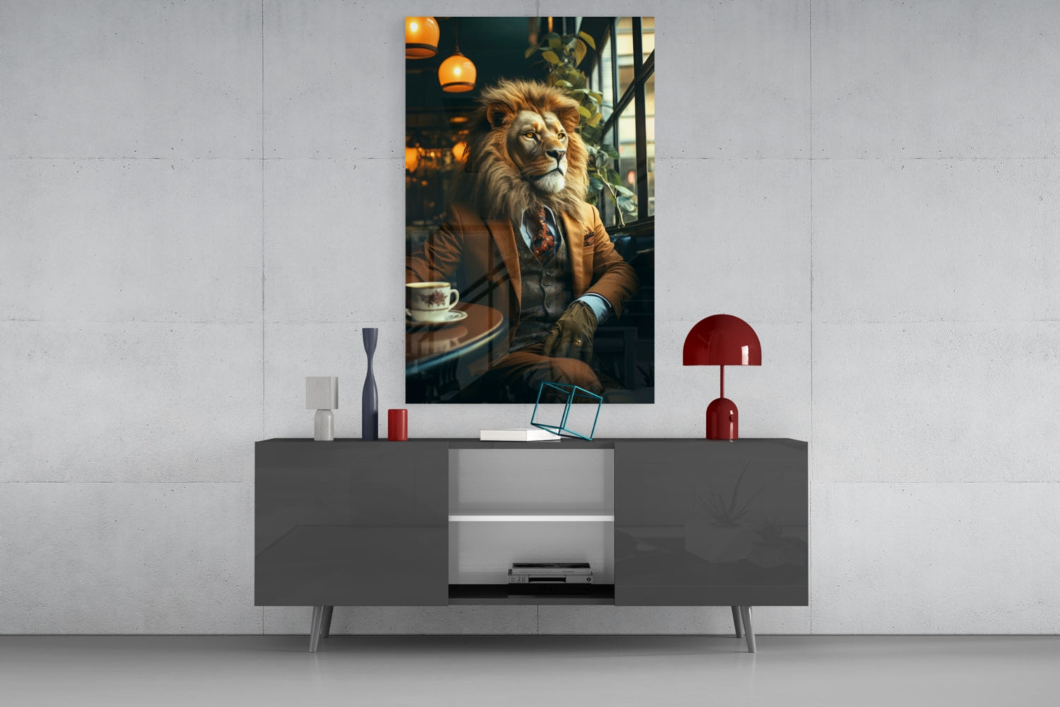 Lion Gentleman Glass Wall Art displayed above gray media console in modern living room interior with red lamp and décor accessories.