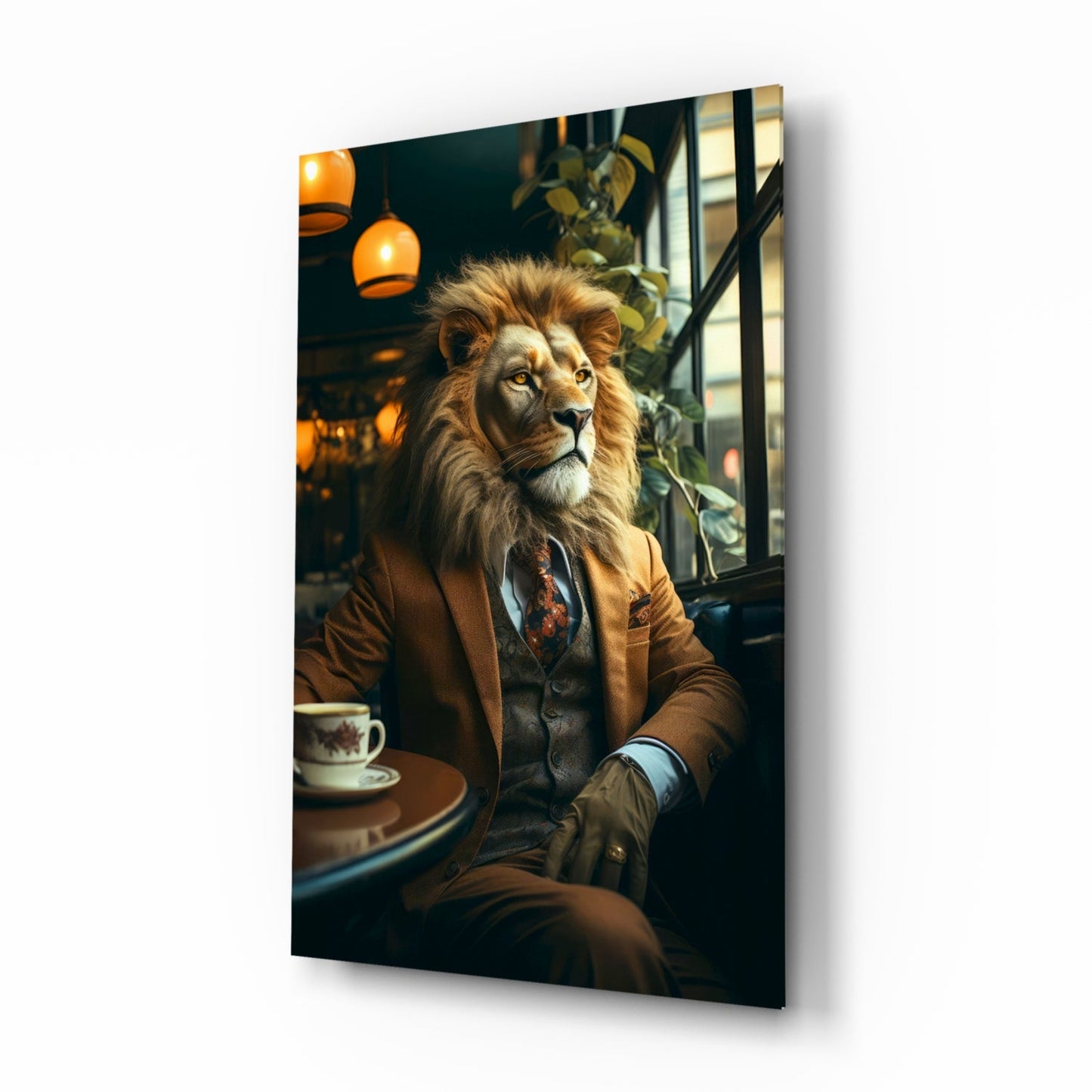 A lion wearing a brown blazer and tie sits at a café table with a teacup, illuminated by warm overhead pendant lights and green foliage.