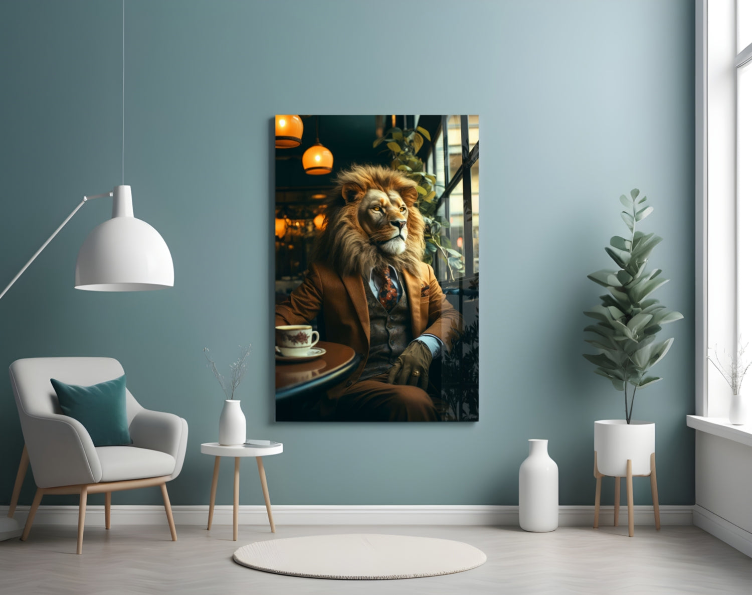 Lion Gentleman Glass Wall Art displayed on teal wall above white armchair in modern living room setting.