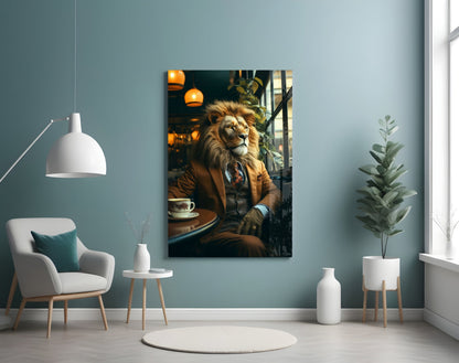 Lion Gentleman Glass Wall Art displayed on teal wall above white armchair in modern living room setting.