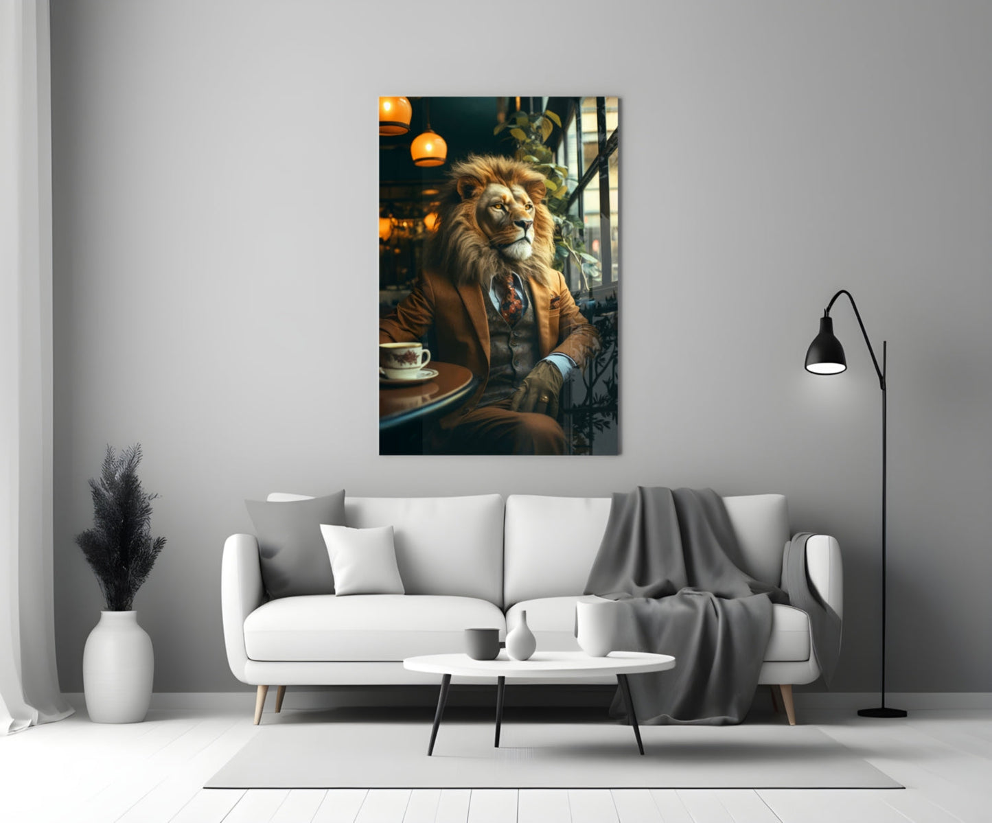 Lion in brown blazer seated at café table with coffee cup, displayed as glass wall art above living room sofa.