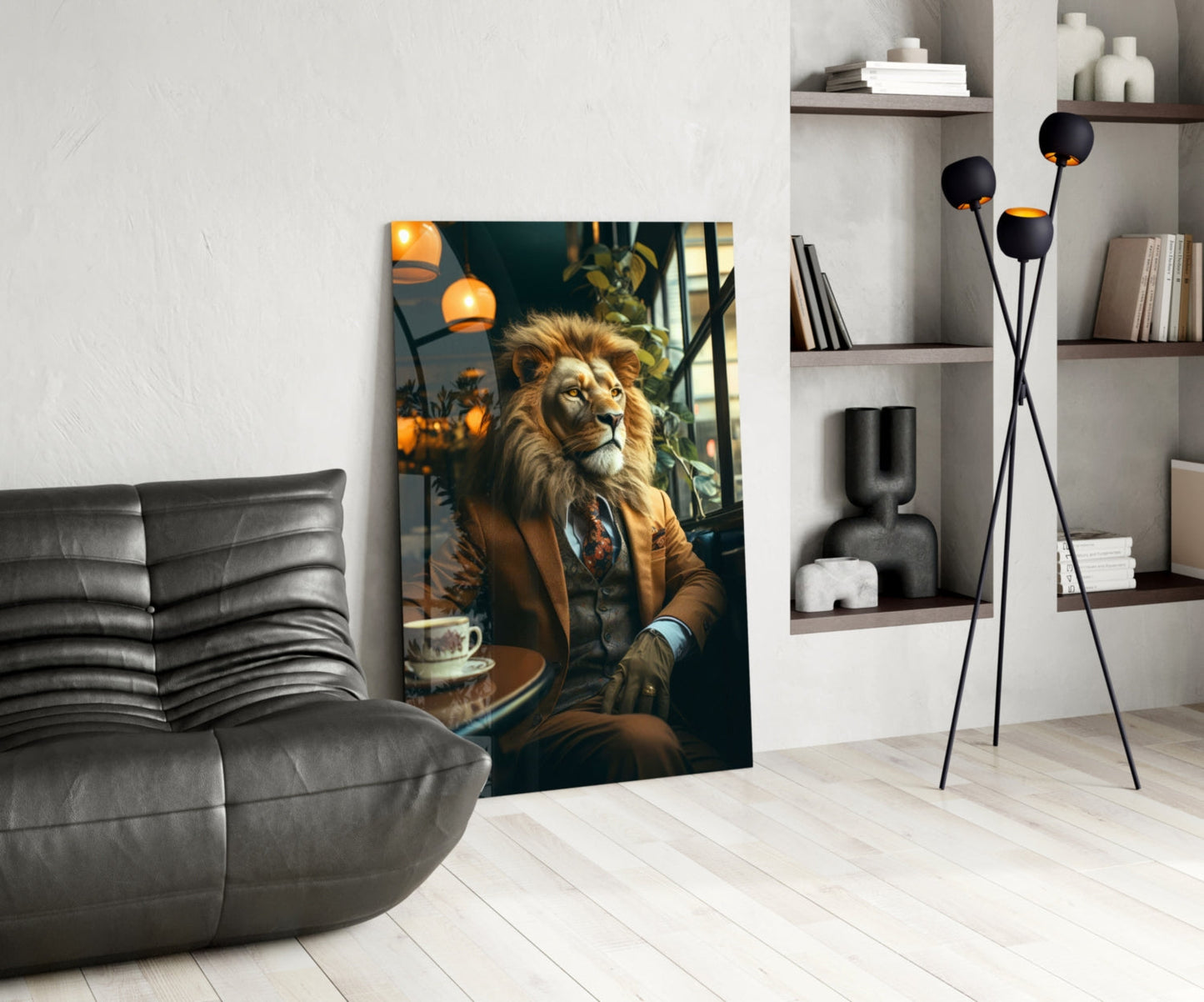 Lion Gentleman Glass Wall Art displayed in modern living room next to gray sofa and shelving unit.