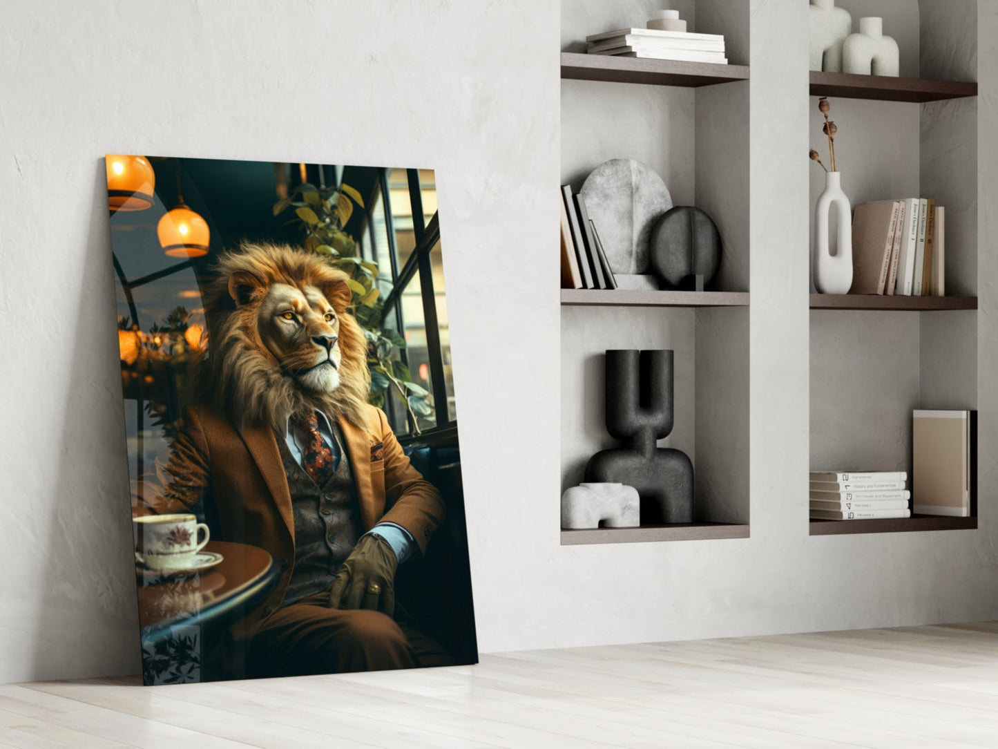 Glass wall art leaning against white wall displays a lion wearing brown suit seated at café table with orange pendant lights above.