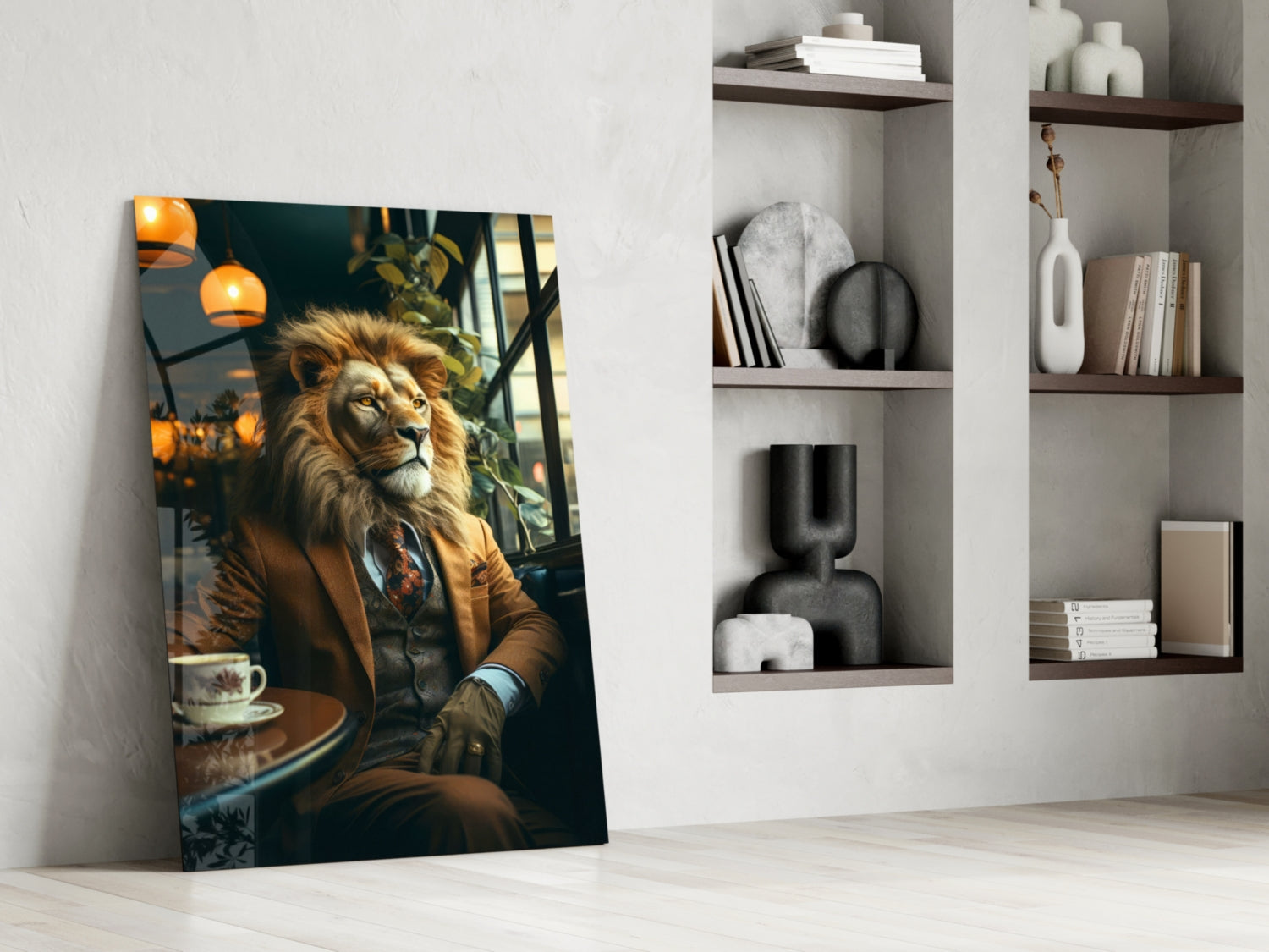 Glass wall art leaning against white wall displays a lion wearing brown suit seated at café table with orange pendant lights above.