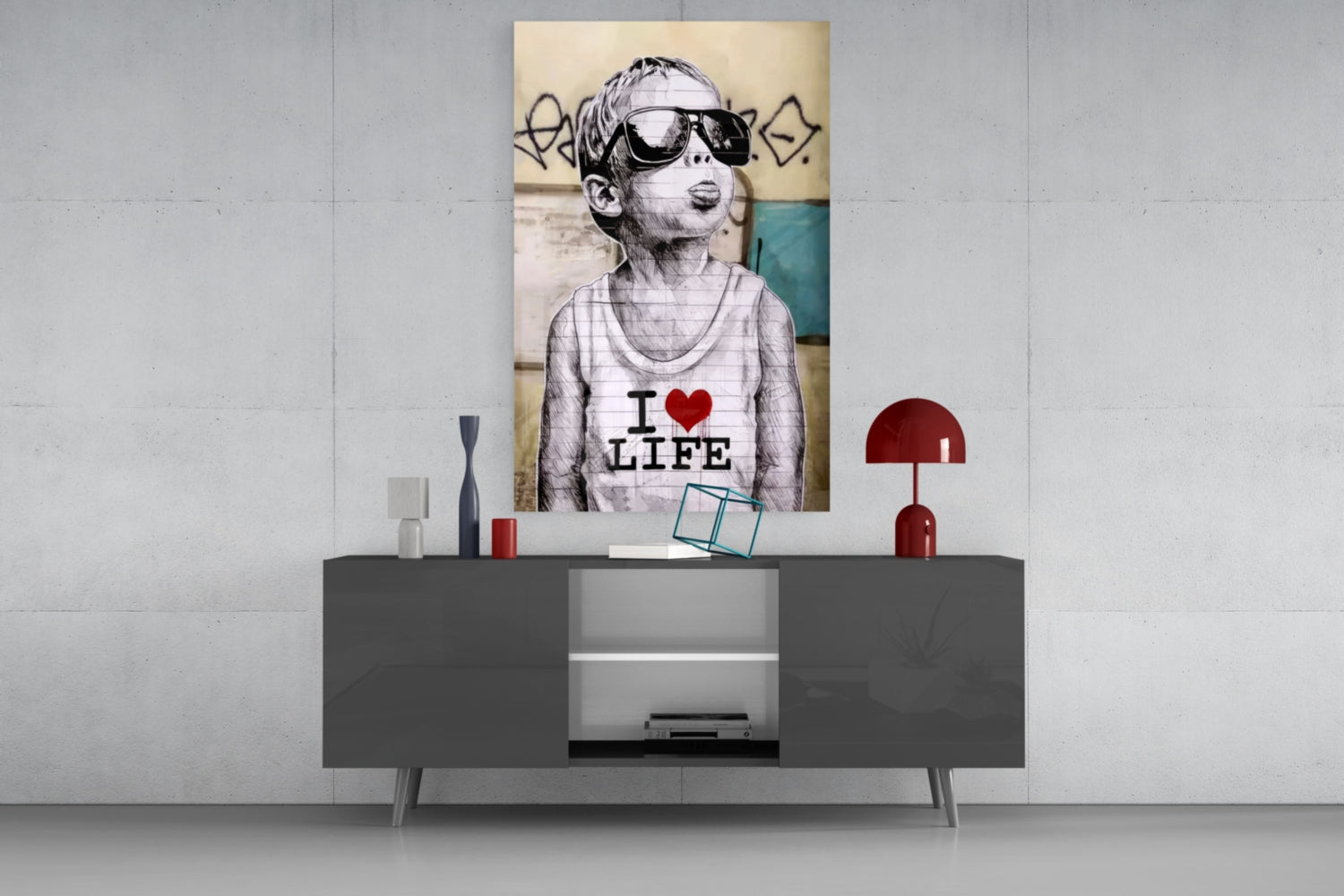 Street art style glass panel featuring child wearing sunglasses and "I Love Life" text, displayed above modern console table in contemporary room setting.