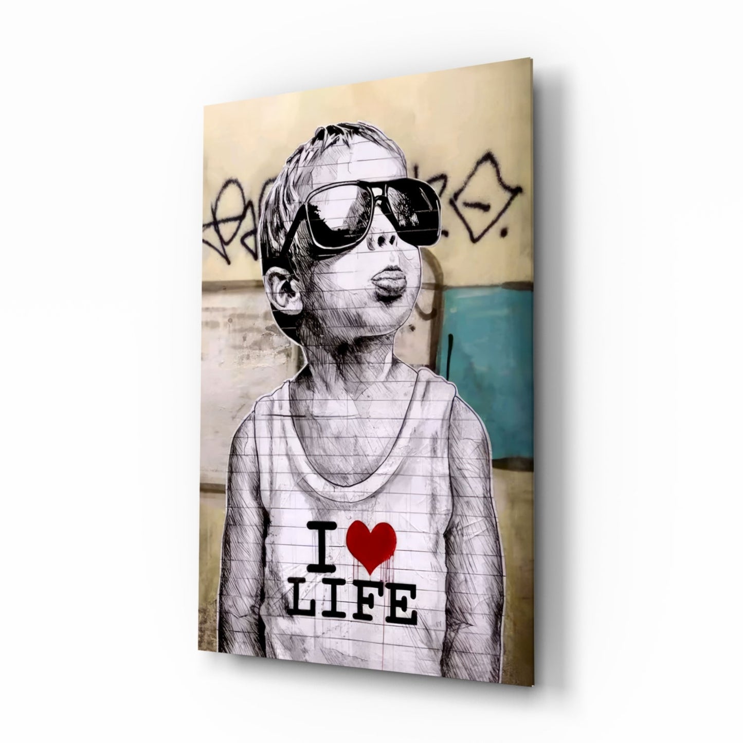 Glass wall art featuring a sketch-style illustration of a child wearing oversized sunglasses and "I ❤ LIFE" shirt against a textured urban background.