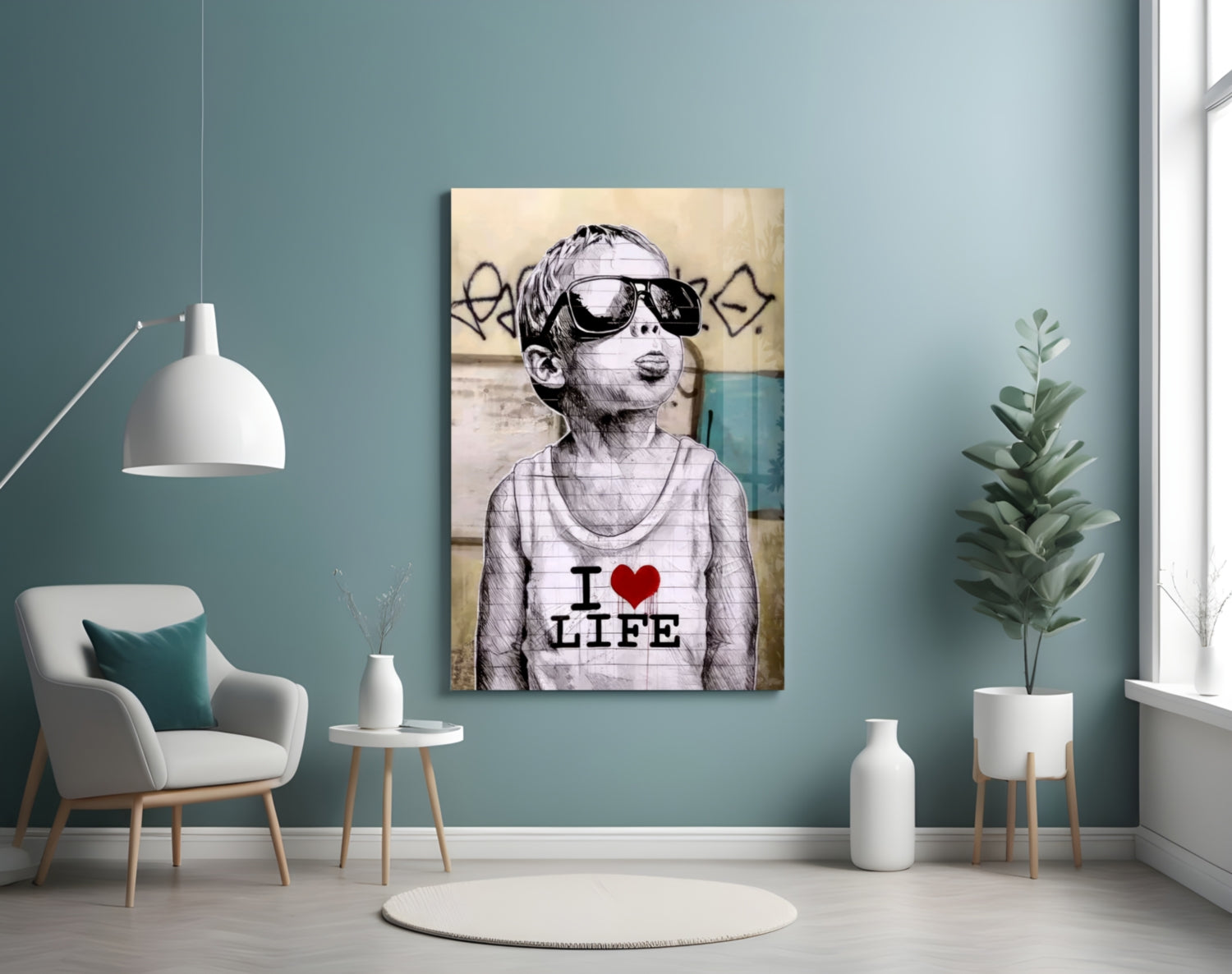 Glass wall art depicting a child wearing sunglasses and "I ❤ LIFE" t-shirt displayed in teal living room.