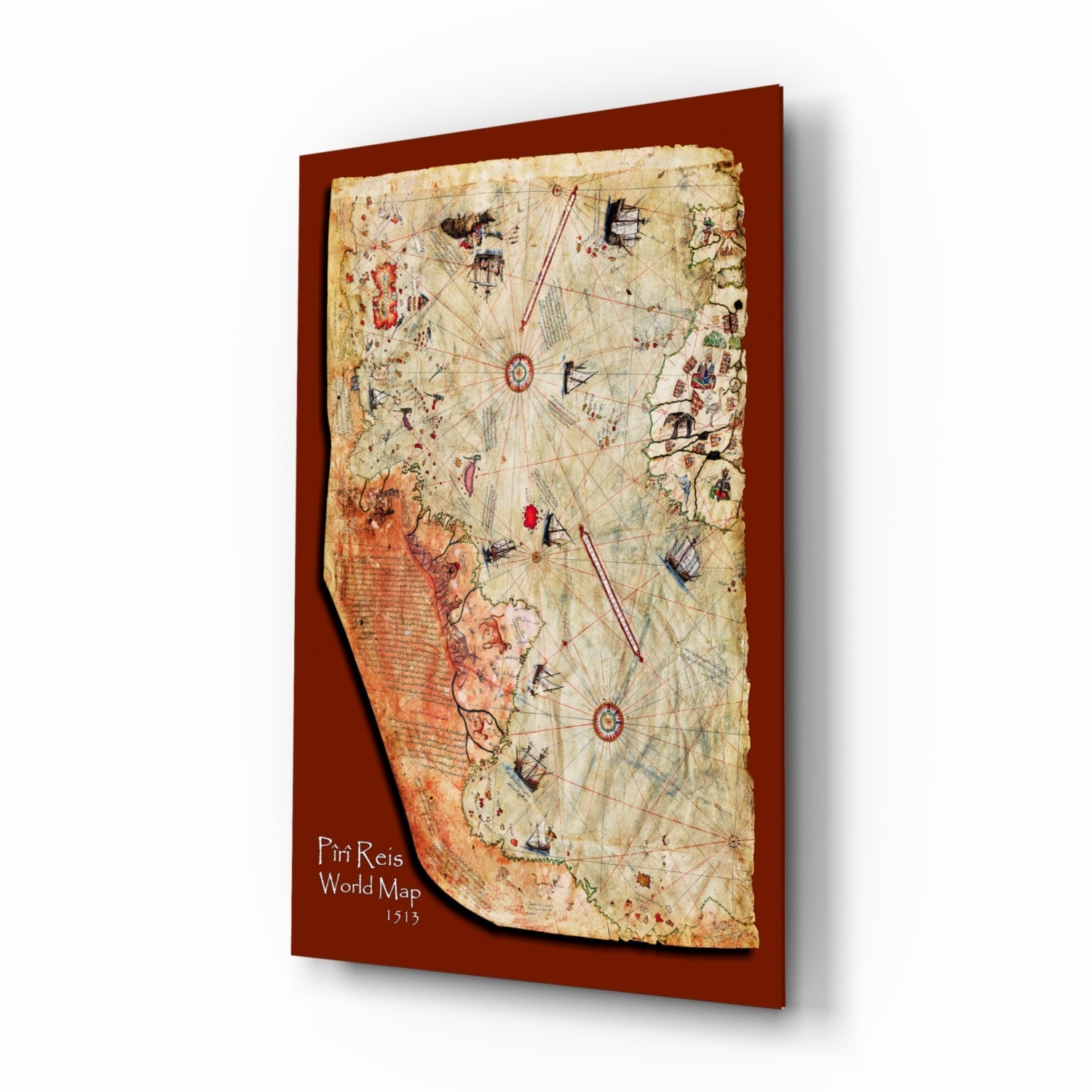Piri Reis 1513 world map on wood-backed glass panel, angled view showing aged parchment with navigation lines and coastal illustrations against burgundy background.