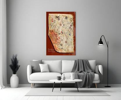 Piri Reis World Map 1513 glass wall art in rust-red frame hanging above white sofa in modern living room.