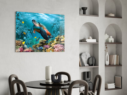 Sea turtle and coral reef underwater scene glass wall art displayed above dining table in modern interior.