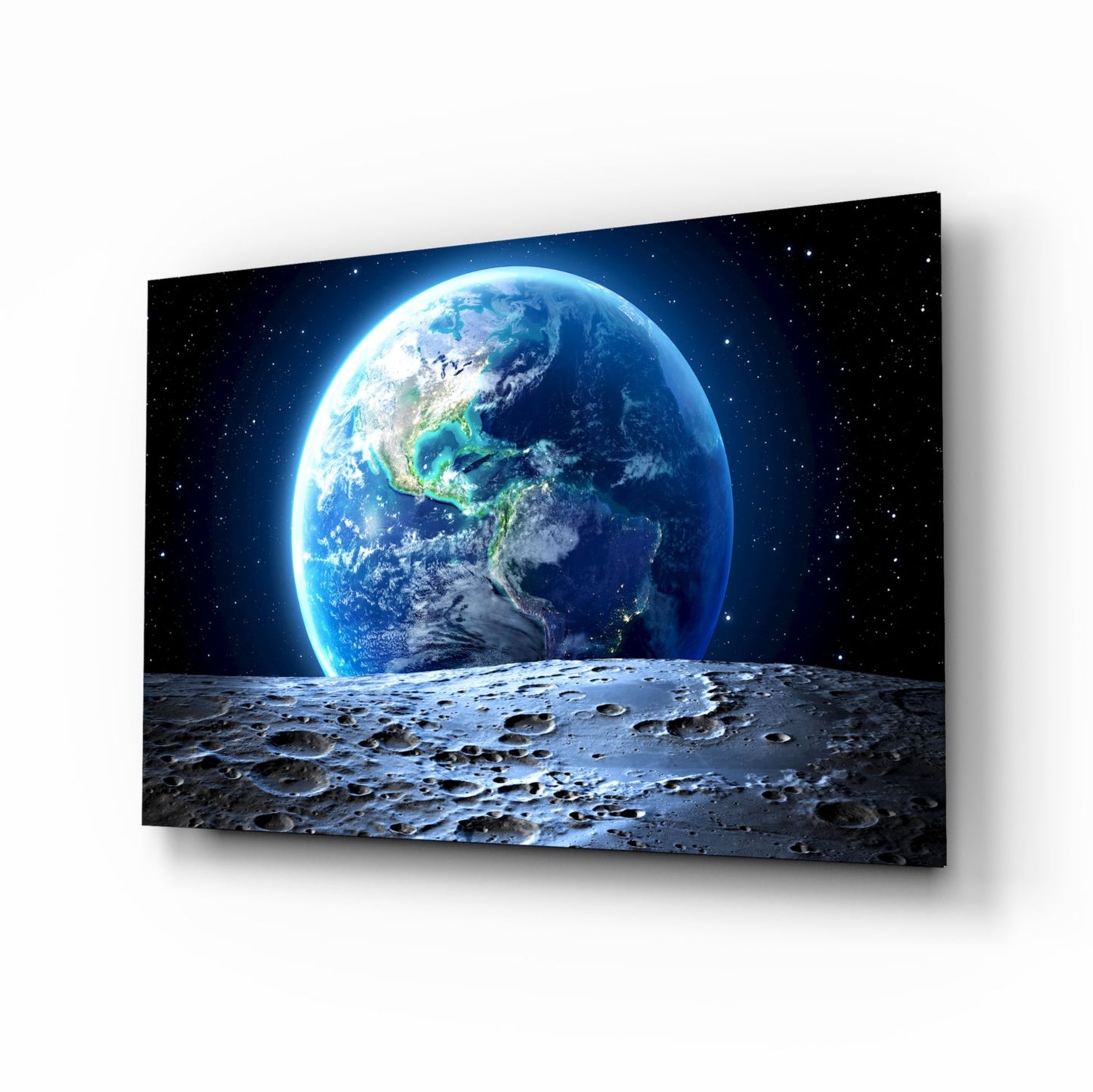 Earth Rise Over Cratered Moon Surface Glass Wall Art
