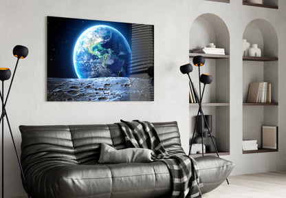 Earth Rise Over Cratered Moon Surface Glass Wall Art