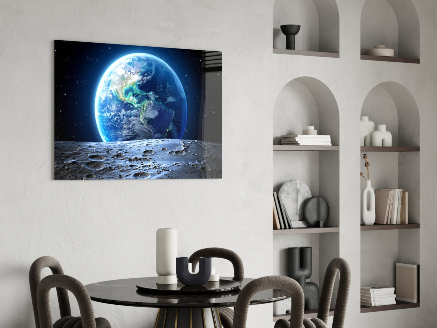 Earth Rise Over Cratered Moon Surface Glass Wall Art