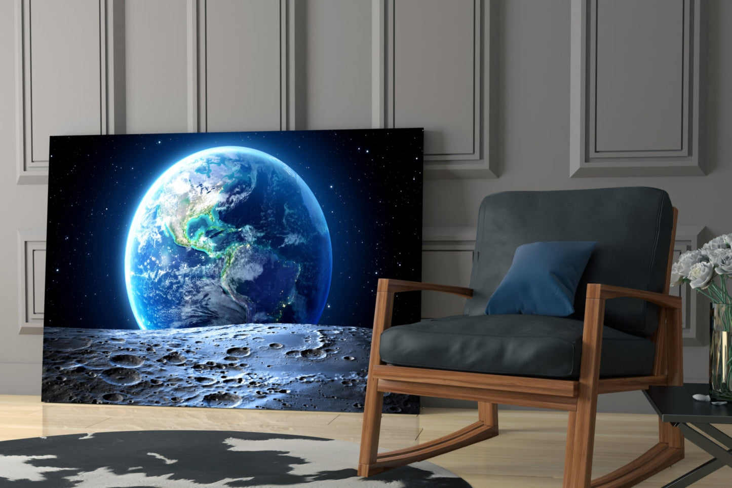 Earth Rise Over Cratered Moon Surface Glass Wall Art