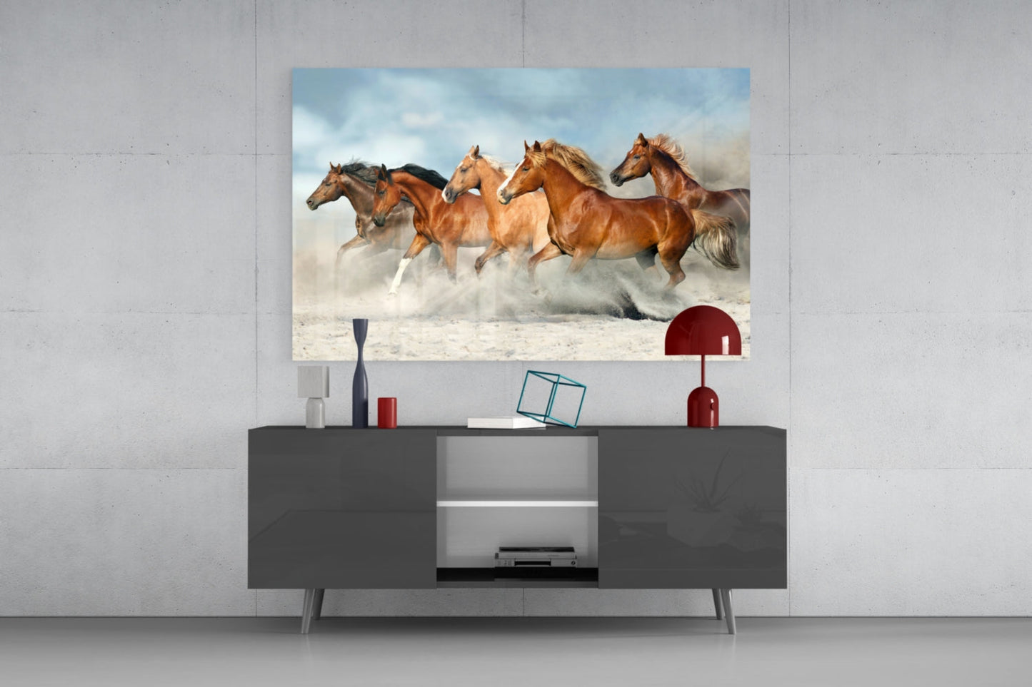 Chestnut Herd Running in Dust Glass Wall Art