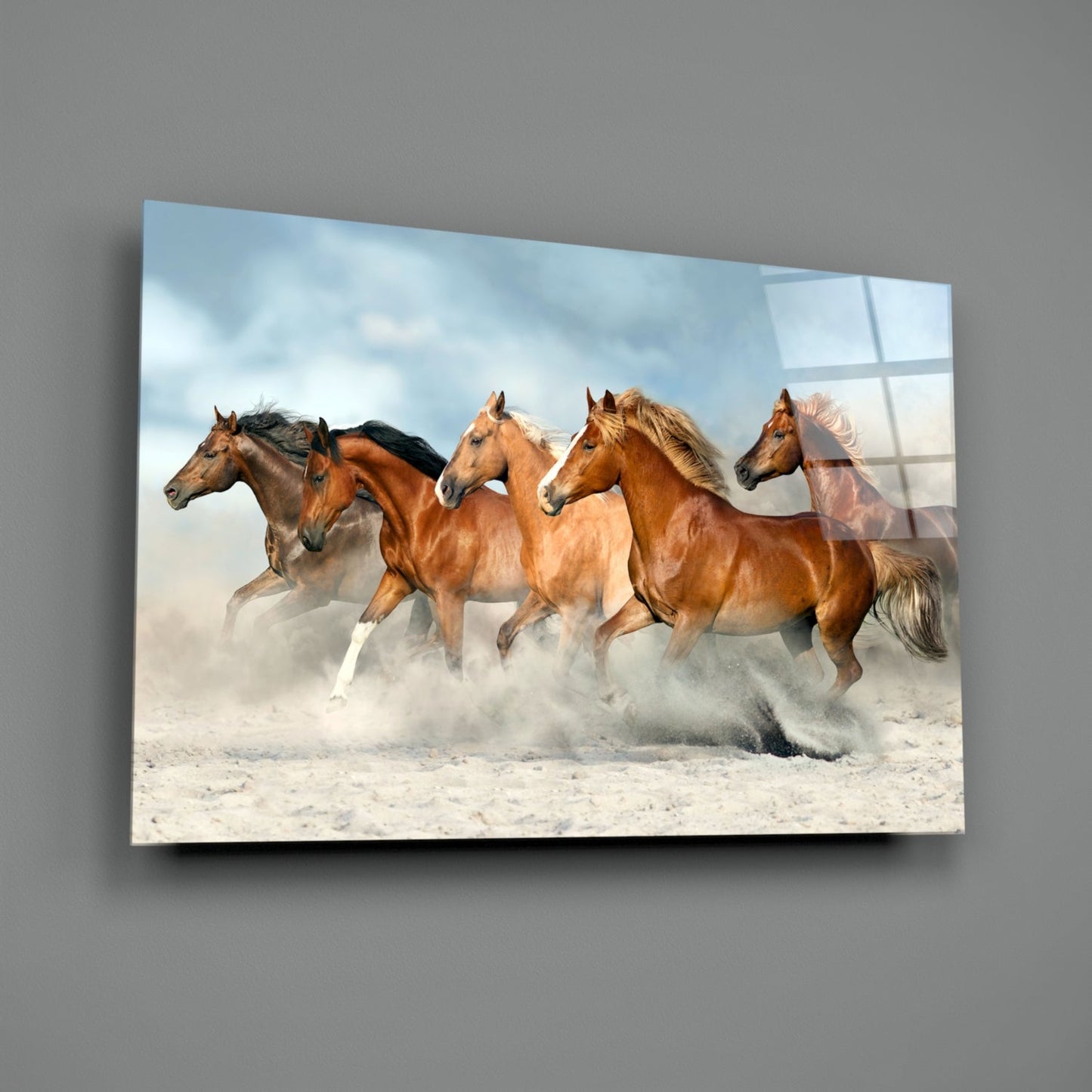 Chestnut Herd Running in Dust Glass Wall Art