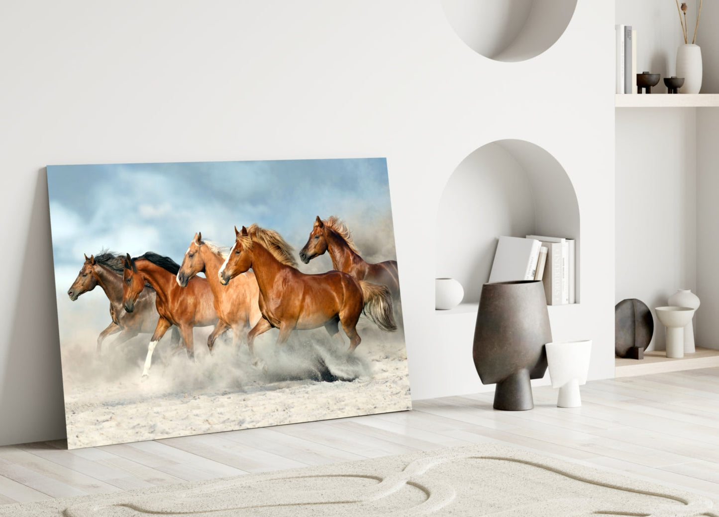 Chestnut Herd Running in Dust Glass Wall Art