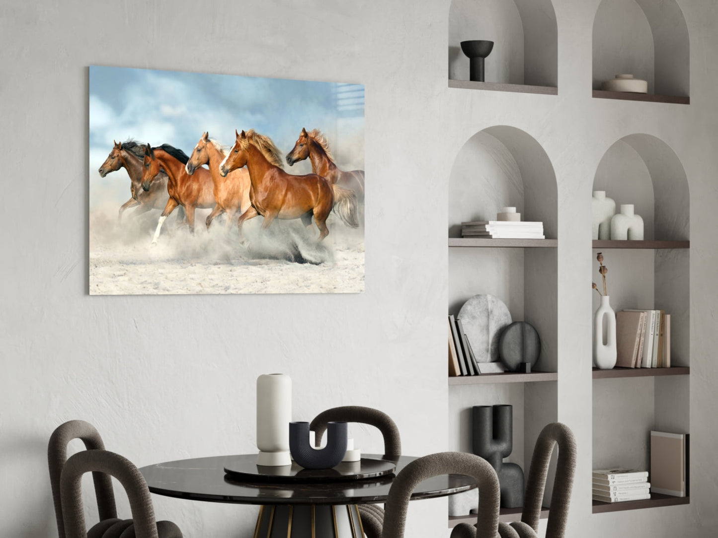 Chestnut Herd Running in Dust Glass Wall Art