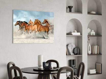 Chestnut Herd Running in Dust Glass Wall Art