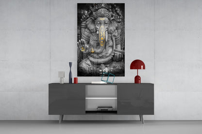 Gold Accented Stone Statue Ganesha Glass Wall Art