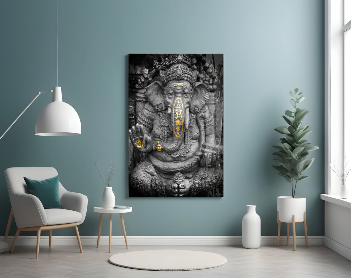Gold Accented Stone Statue Ganesha Glass Wall Art
