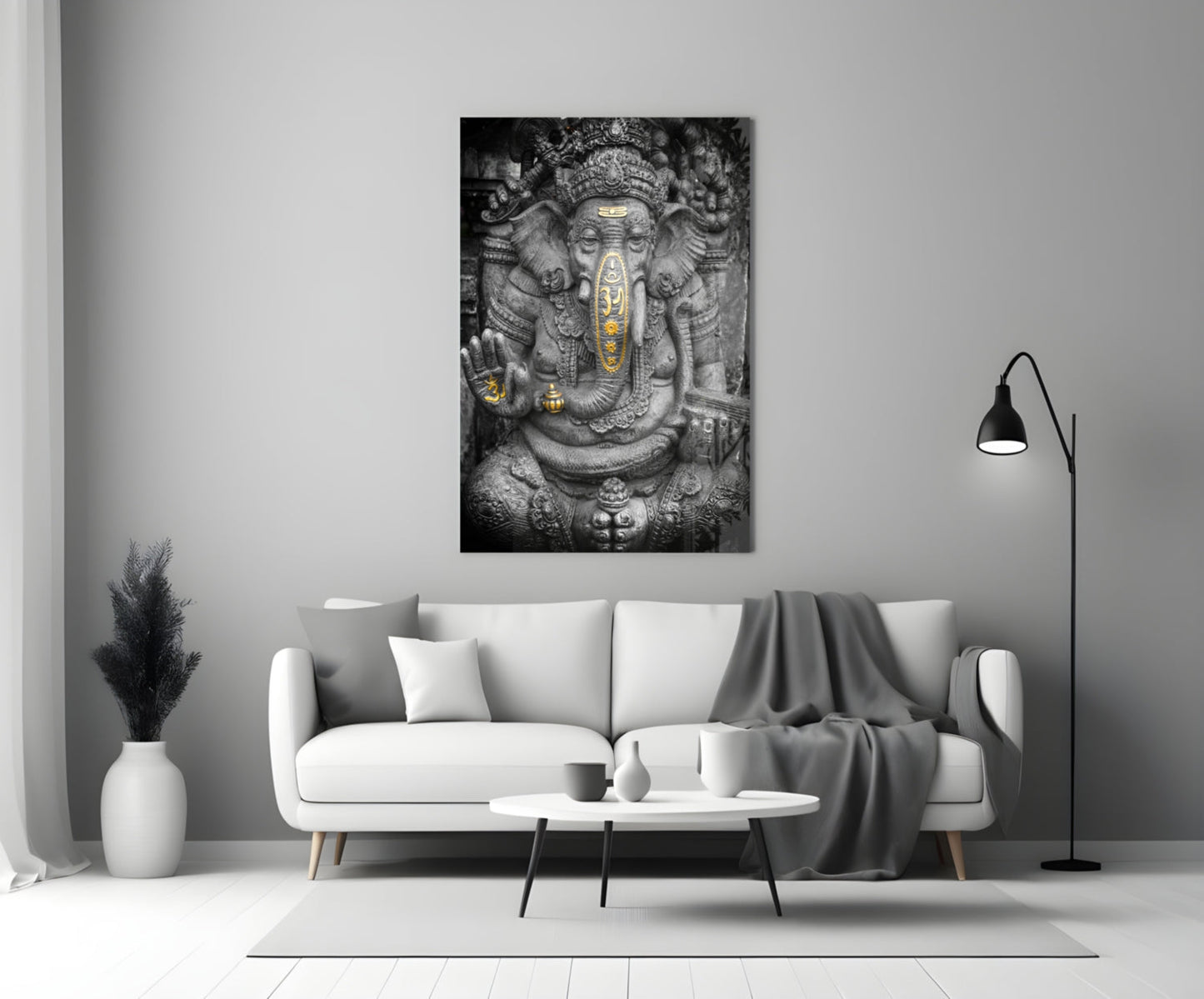 Gold Accented Stone Statue Ganesha Glass Wall Art