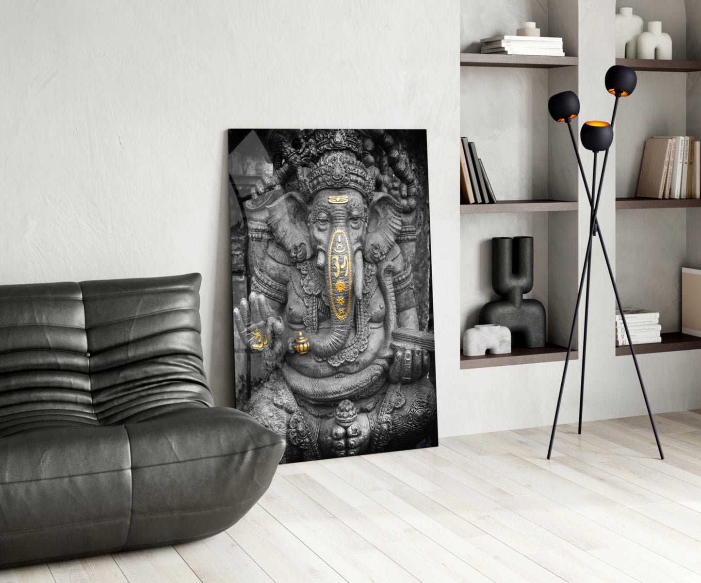 Gold Accented Stone Statue Ganesha Glass Wall Art