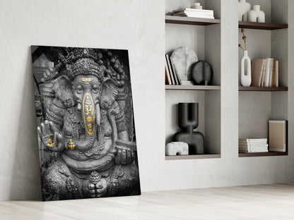 Gold Accented Stone Statue Ganesha Glass Wall Art