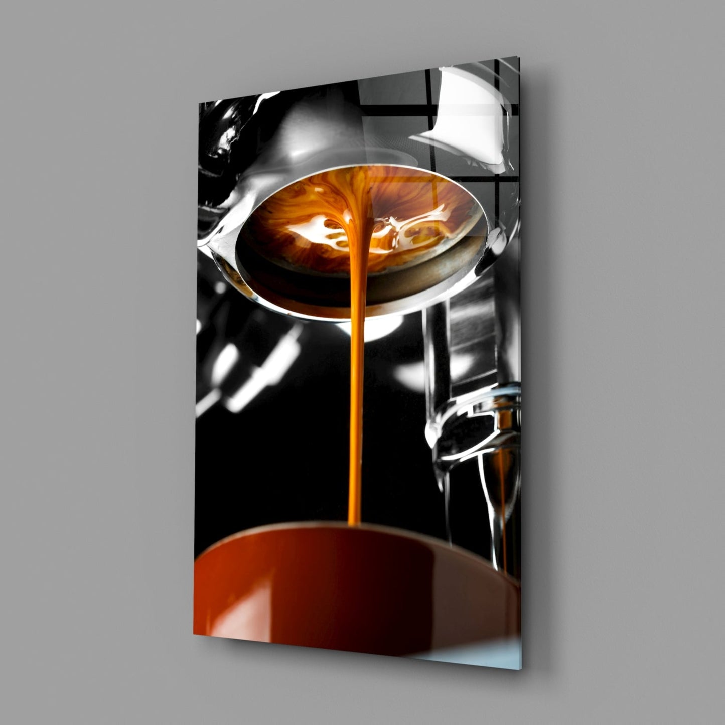 Espresso Pour From Portafilter Closeup Glass Wall Art