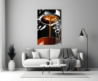 Espresso Pour From Portafilter Closeup Glass Wall Art
