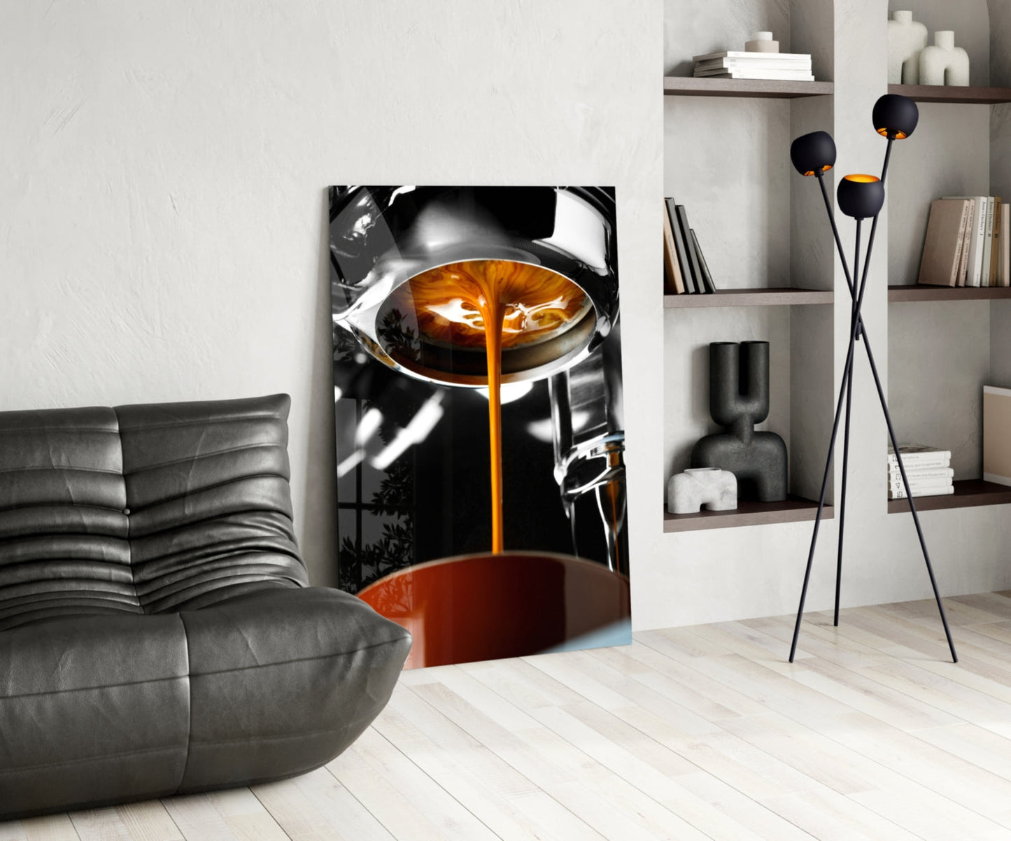 Espresso Pour From Portafilter Closeup Glass Wall Art