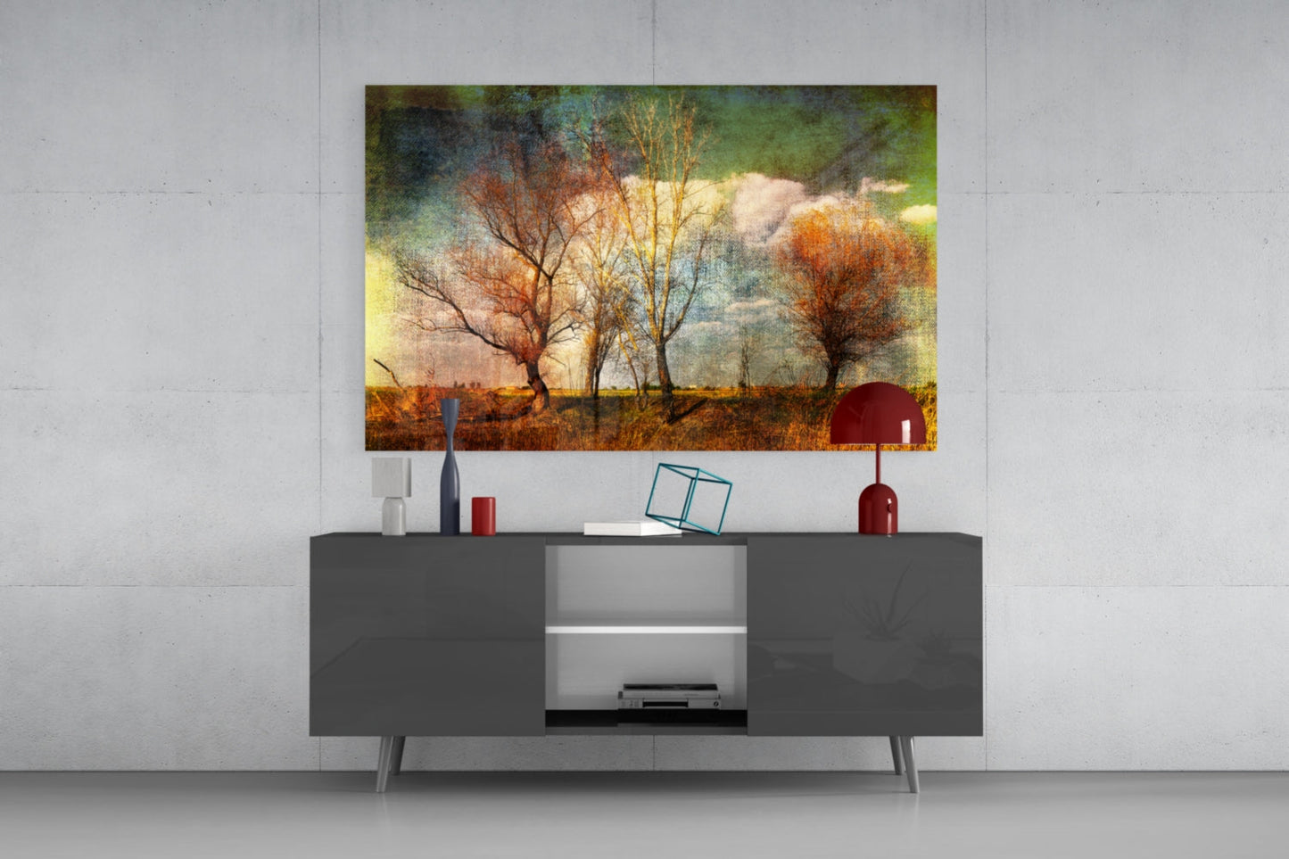 Textured Canvas Autumn Field Trees Glass Wall Art