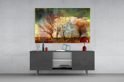 Textured Canvas Autumn Field Trees Glass Wall Art