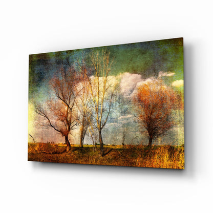 Textured Canvas Autumn Field Trees Glass Wall Art