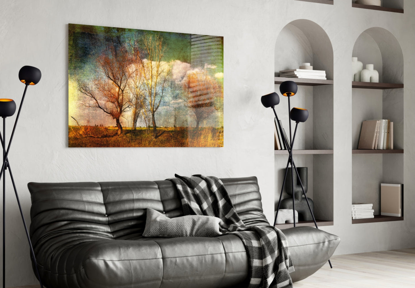 Textured Canvas Autumn Field Trees Glass Wall Art