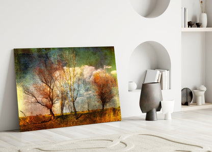Textured Canvas Autumn Field Trees Glass Wall Art