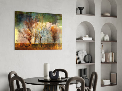 Textured Canvas Autumn Field Trees Glass Wall Art