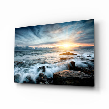 Sunrays Rocky Coast Waves Glass Wall Art