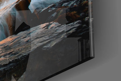 Sunrays Rocky Coast Waves Glass Wall Art