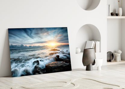 Sunrays Rocky Coast Waves Glass Wall Art