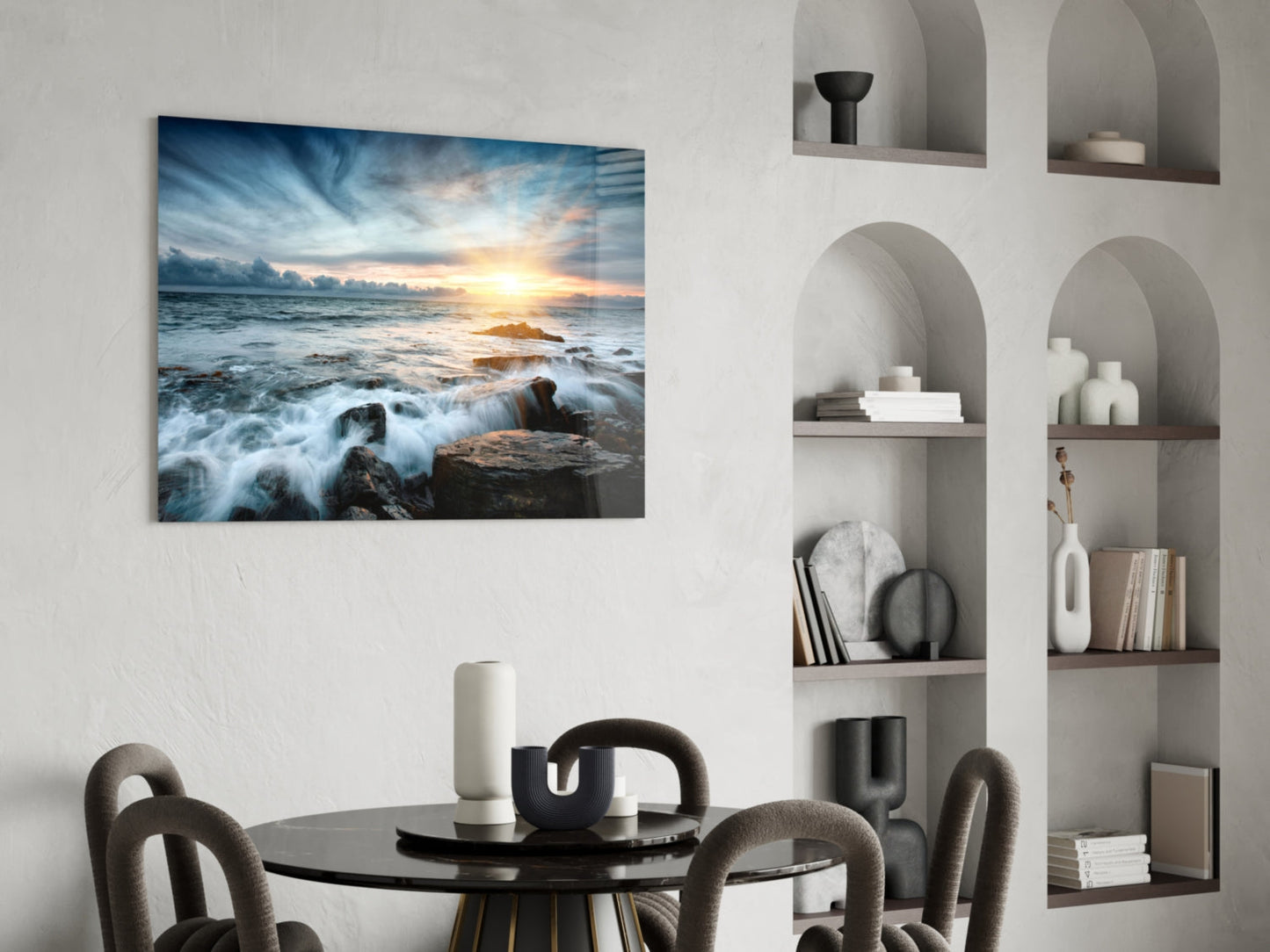 Sunrays Rocky Coast Waves Glass Wall Art