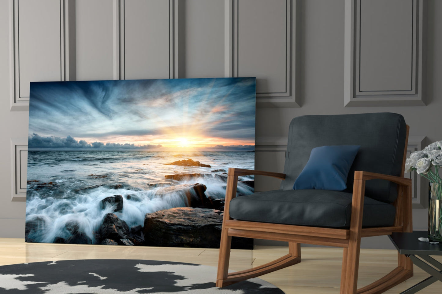 Sunrays Rocky Coast Waves Glass Wall Art