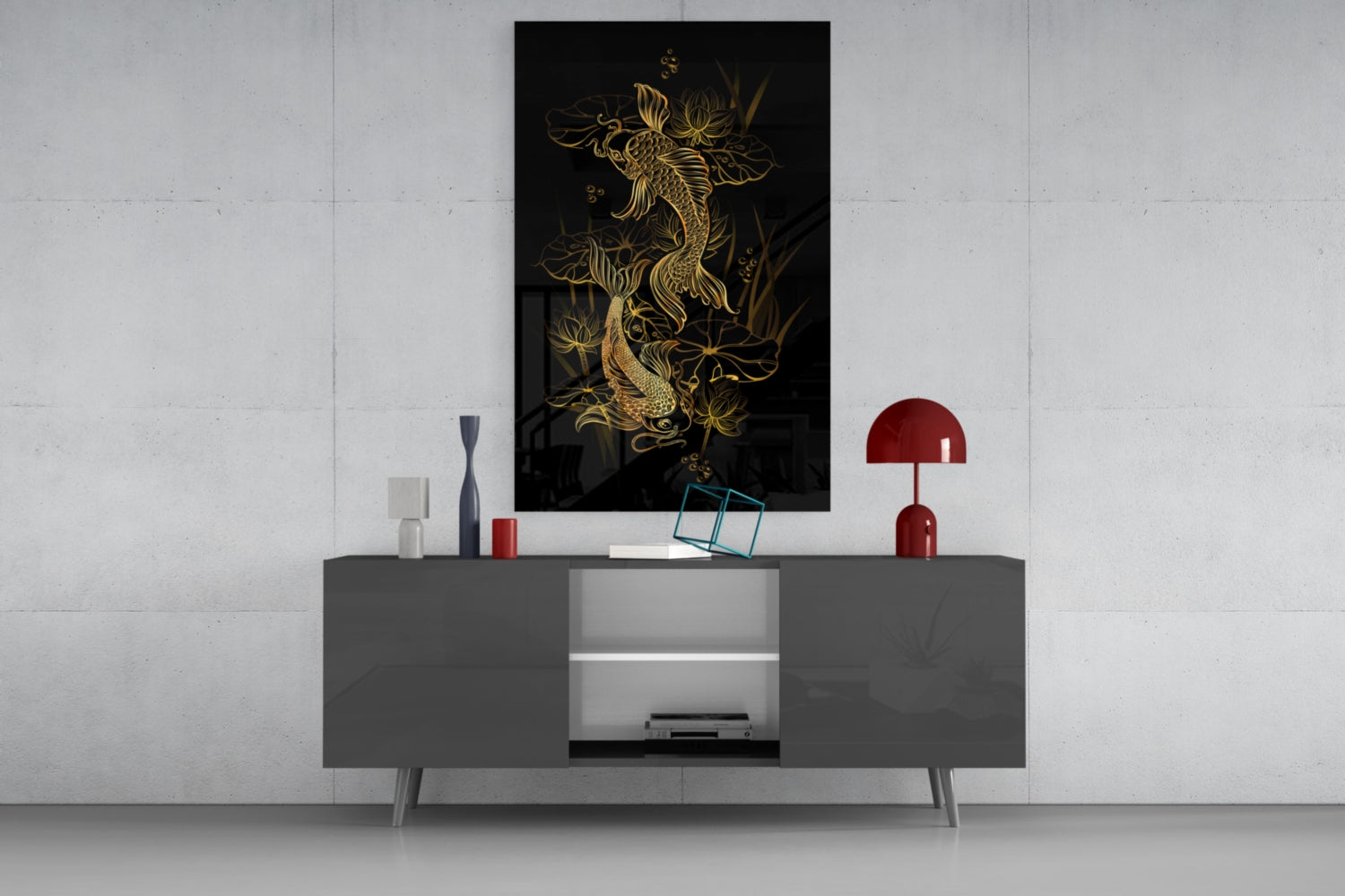 Gold dragon illustration on black glass panel displayed above gray media console in modern interior setting.