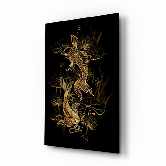 Angled view of black glass wall art featuring gold-outlined koi fish swimming among lotus flowers on dark background.